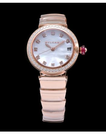 Bvlgari Lvcea White Dial Diamond Hour Markings Rose Gold Case With Diamonds Two Tone Bracelet White